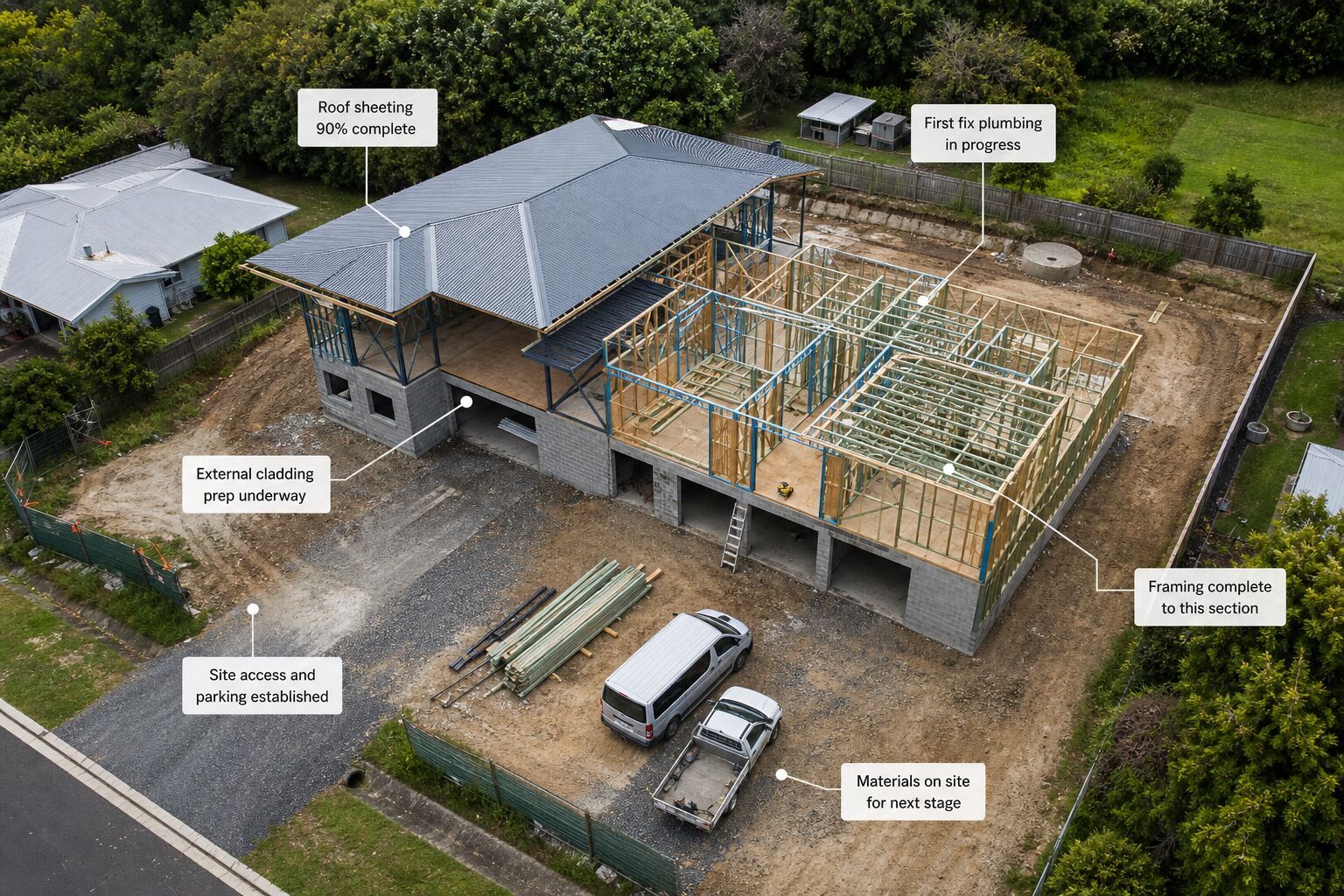 Construction progress drone image with site notes and visual callouts