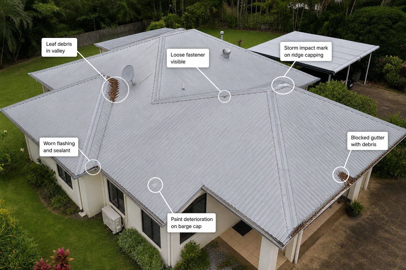 Aerial roof inspection image showing roof condition and highlighted problem areas