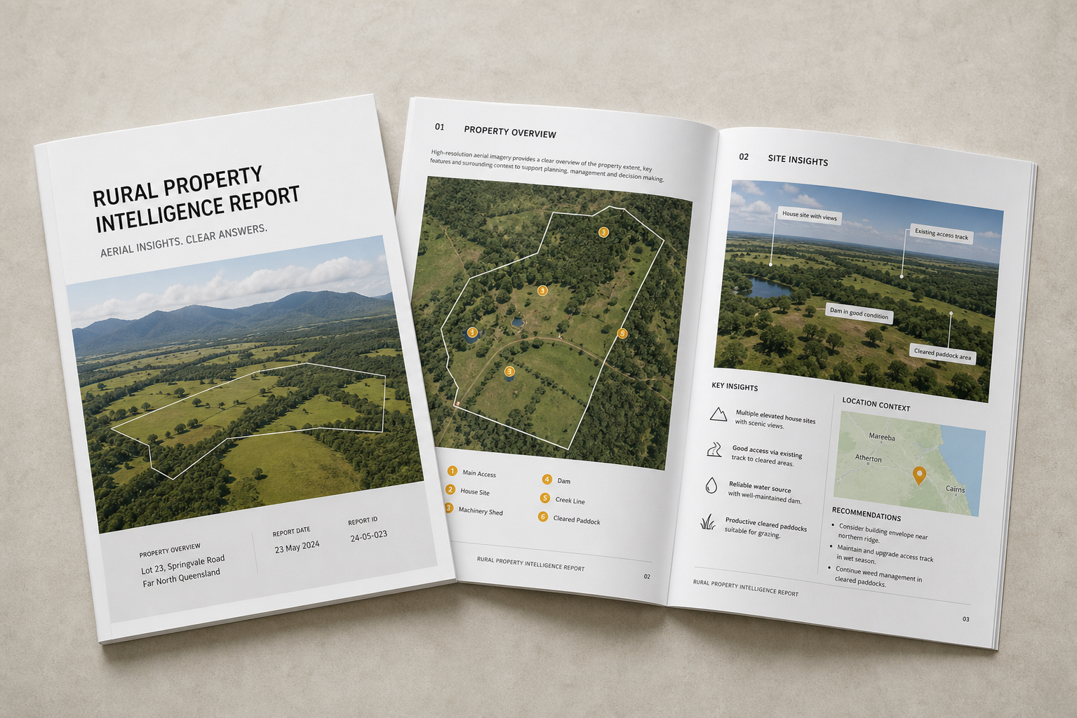Mock sample report spread showing aerial mapping and report layout